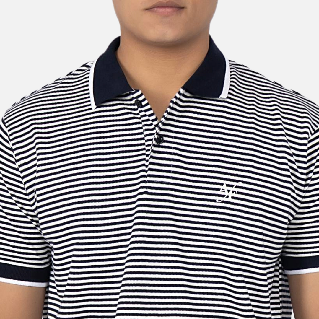Men Indigo Blue Stripe Polo Neck T-shirt