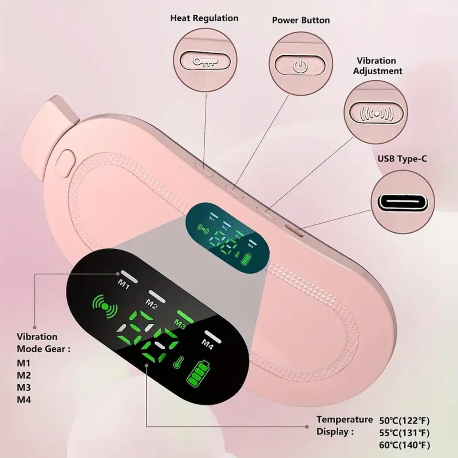 Heating Pad Belt for Menstrual Cramps, Period Pain Relief with Vibration Massage, 3 Heat Settings, Pink