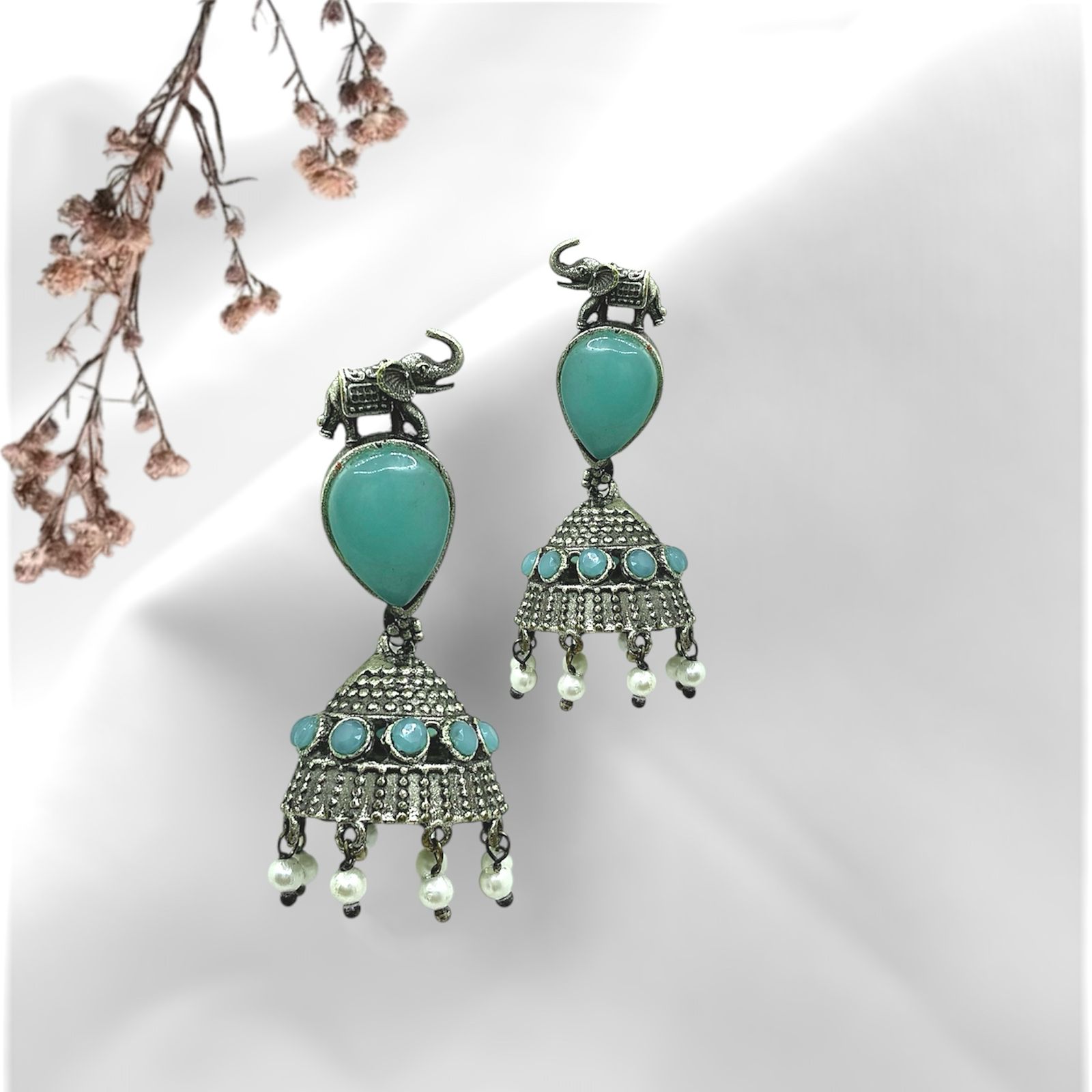 Silver plated Brass Earrings (Sea Green) #21
