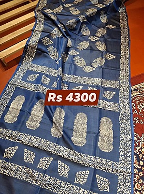 Navy Blue Hand Block Print Pure Katan Silk
