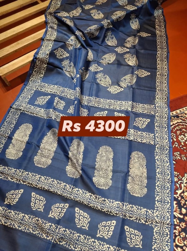 Navy Blue Hand Block Print Pure Katan Silk