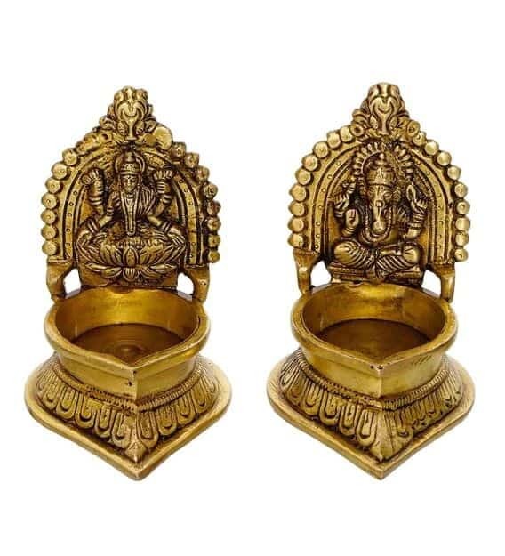 Brass Lakshmi Ganesha Diya Pair - 4.5 inch Height | Auspicious Blessings