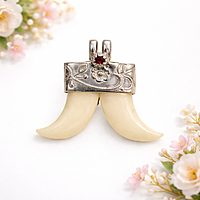 Sterling Silver Faux Ivory Tiger Tooth Pendant | Artificial Ivory Double Tooth Design with Red Stone