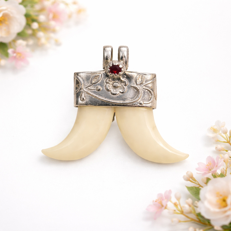 Sterling Silver Faux Ivory Tiger Tooth Pendant | Artificial Ivory Double Tooth Design with Red Stone