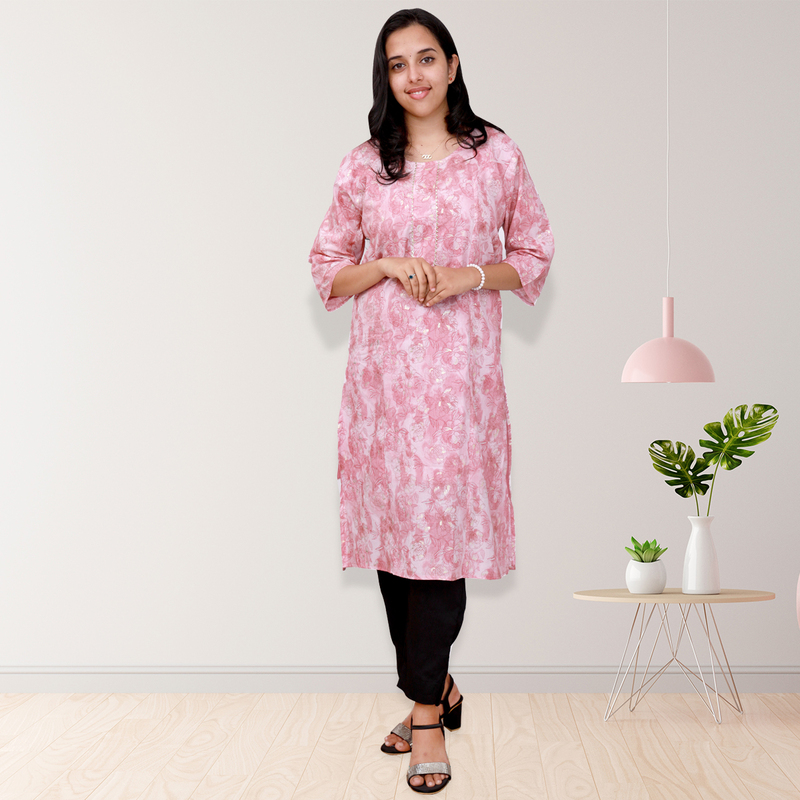 princess feeling foil printed side slit Light Pink Floral Top