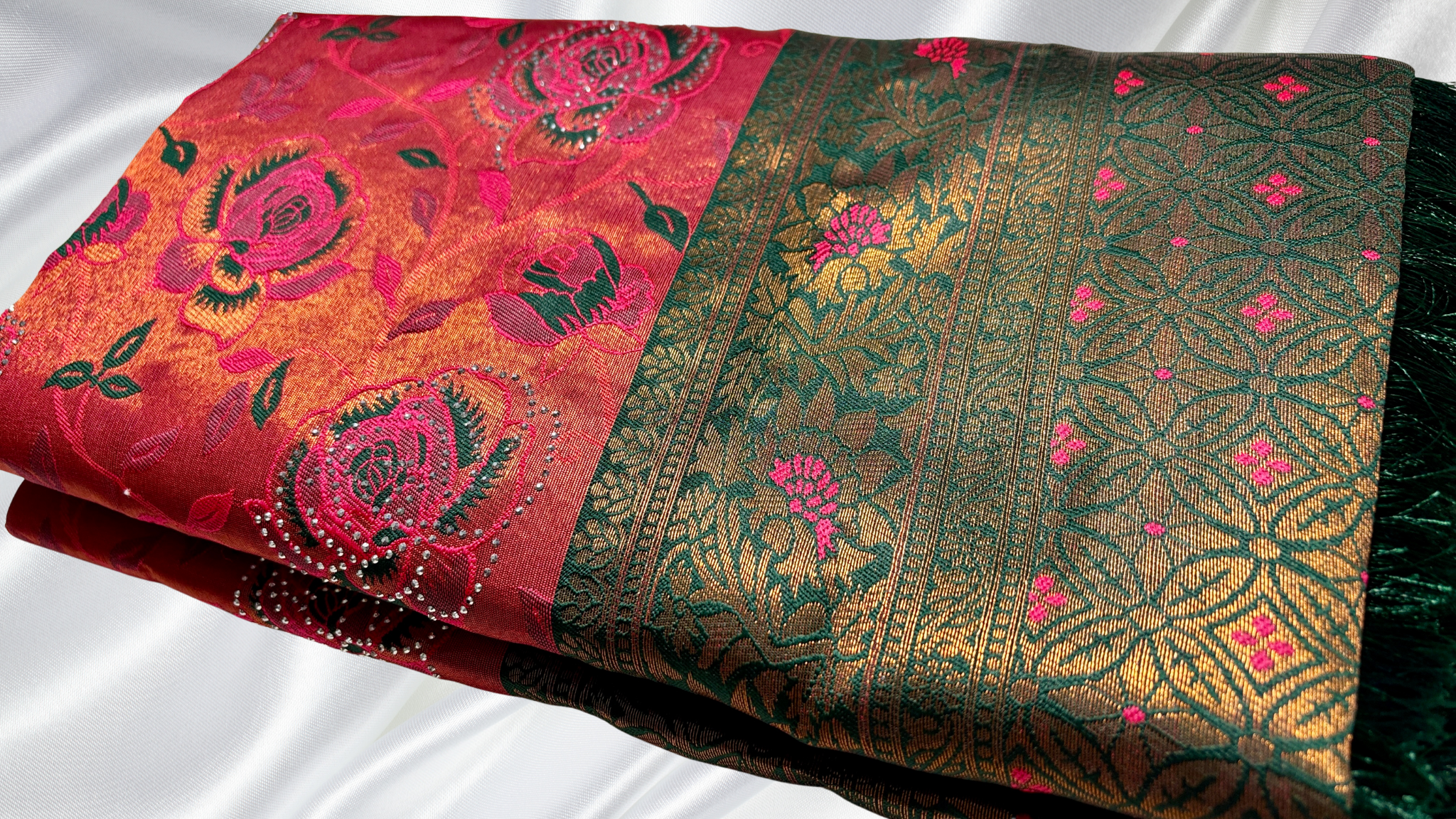 Rozy Stone Work Silk Saree - Red Rose & Dark Green Rozy Stone Work Silk Saree - Red Rose & Dark Green