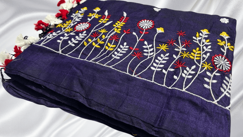 Khadi Cotton Floral Embroidery Saree - Navy Blue