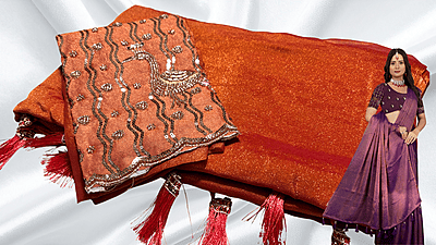 Winter Peacock Aari Cut Work Saree - Orange