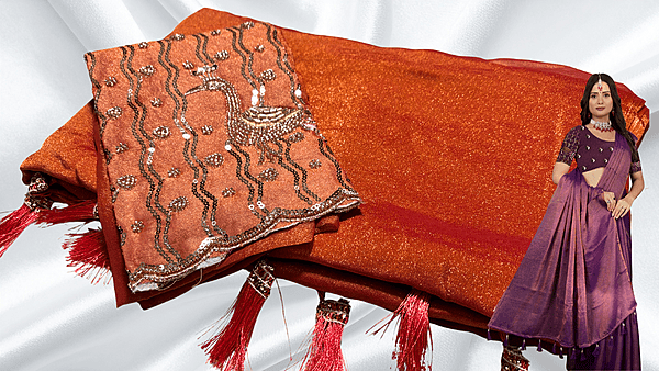 Winter Peacock Aari Cut Work Saree - Orange