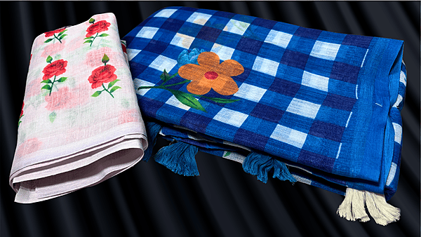 Linen White Chex Saree - Ink Blue
