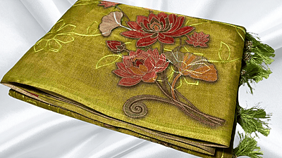 Tissue Silk Thread Work Aari Saree - Lime Olive