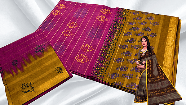 Batik Jari Pure Cotton Saree - Magenta & Mustard