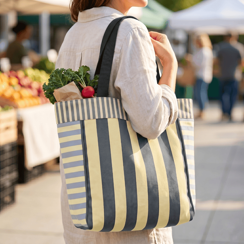 Stylish Striped Tote Bag with Inner Pocket - Cream and Grey Combo
