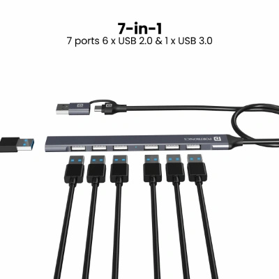 Portronics Mport 7 USB Hub (7-in-1) with dual USB & Type-C heads offers up to 5 Gbps transfer speed. It includes 1 USB 3.0 and 6 USB 2.0 ports, ideal for laptops, MacBooks, and PCs (Grey).