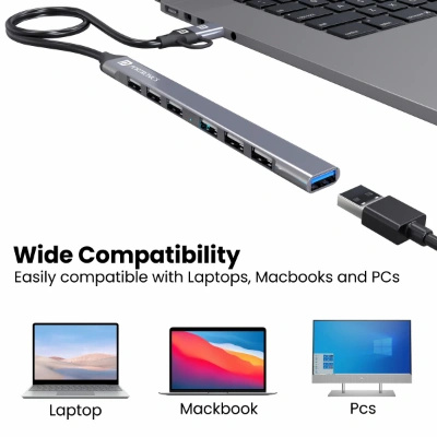 Portronics Mport 7 USB Hub (7-in-1) with dual USB & Type-C heads offers up to 5 Gbps transfer speed. It includes 1 USB 3.0 and 6 USB 2.0 ports, ideal for laptops, MacBooks, and PCs (Grey).