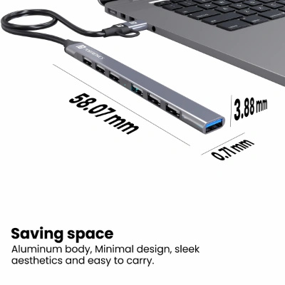 Portronics Mport 7 USB Hub (7-in-1) with dual USB & Type-C heads offers up to 5 Gbps transfer speed. It includes 1 USB 3.0 and 6 USB 2.0 ports, ideal for laptops, MacBooks, and PCs (Grey).