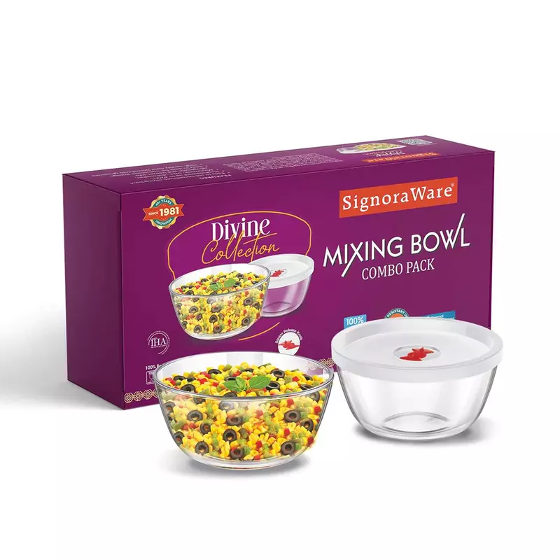 "Signora Ware Borosilicate Glass Mixing Bowl Combo with Lid (1000+1000 ML) - Heat-Resistant & Practical"