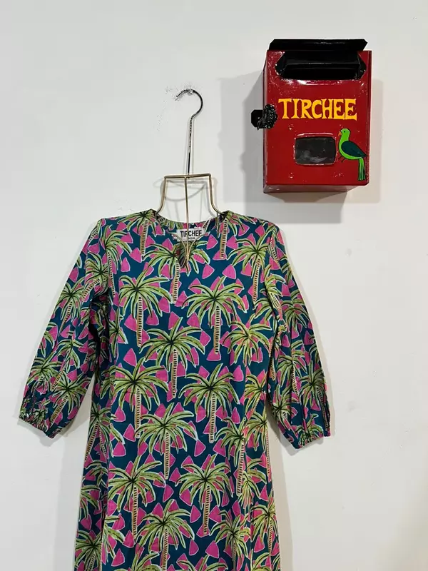 Rihana's Sleeved A-Line Dress - Turquoise & pink with Palms