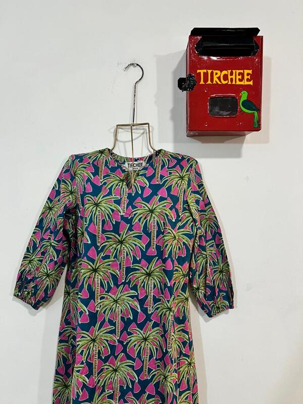 Rihana's Sleeved A-Line Dress - Turquoise & pink with Palms