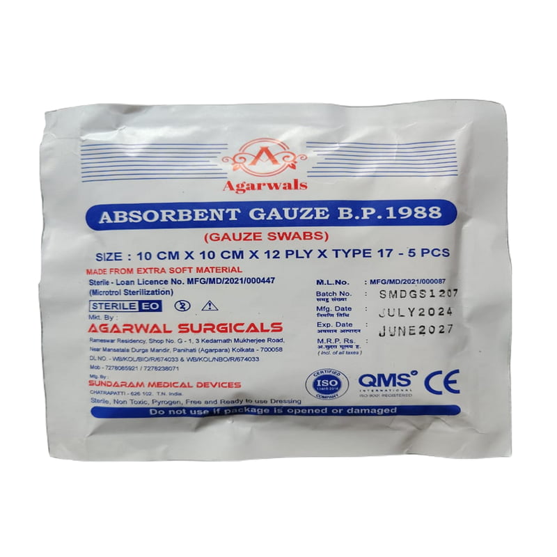 Agarwals Sterile Absorbent Gauze Swab 10×10cm 12 Ply – 5 Pcs