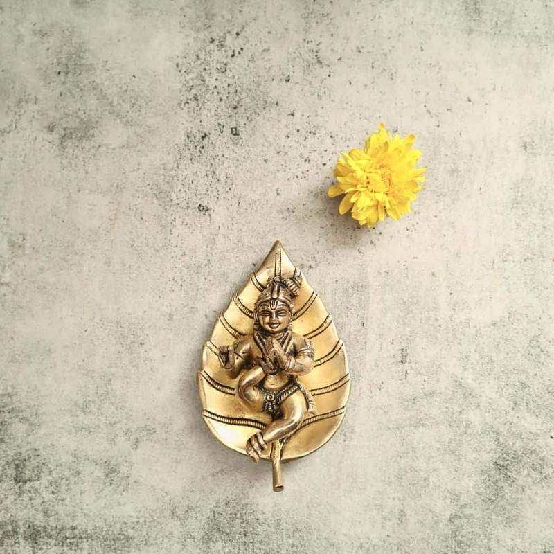 Brass Bala Gopala Krishna on Peepal Leaf Wall Hanging - 6 inch Height | Adorable Brass Wall Hanging of Bala Gopala Krishna on Peepal Leaf