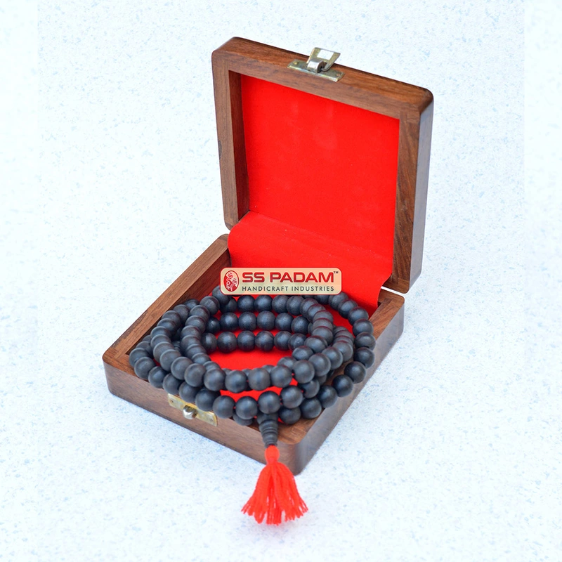 Black Ebony Wood Karungali Unpolished Pure & Natural Big Size Mala with Sheesham Wooden Gift Box