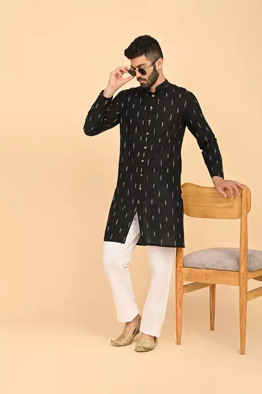 Men Jacquard Full Open Long Kurta - Black