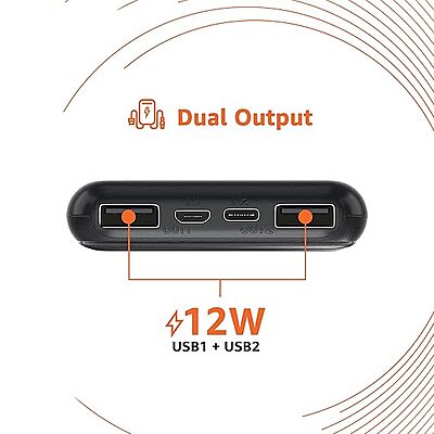 Amazon Basics 20000mAh 12W Lithium-Polymer Power Bank | Dual Input, Dual Output | Black, Type-C Cable Included