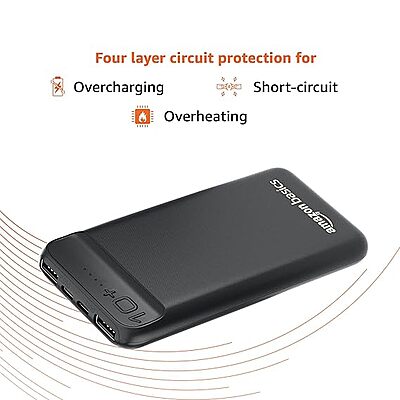 Amazon Basics 20000mAh 12W Lithium-Polymer Power Bank | Dual Input, Dual Output | Black, Type-C Cable Included