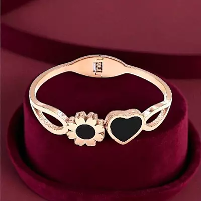 Heart and Flower Bangle Bracelet with Black Enamel