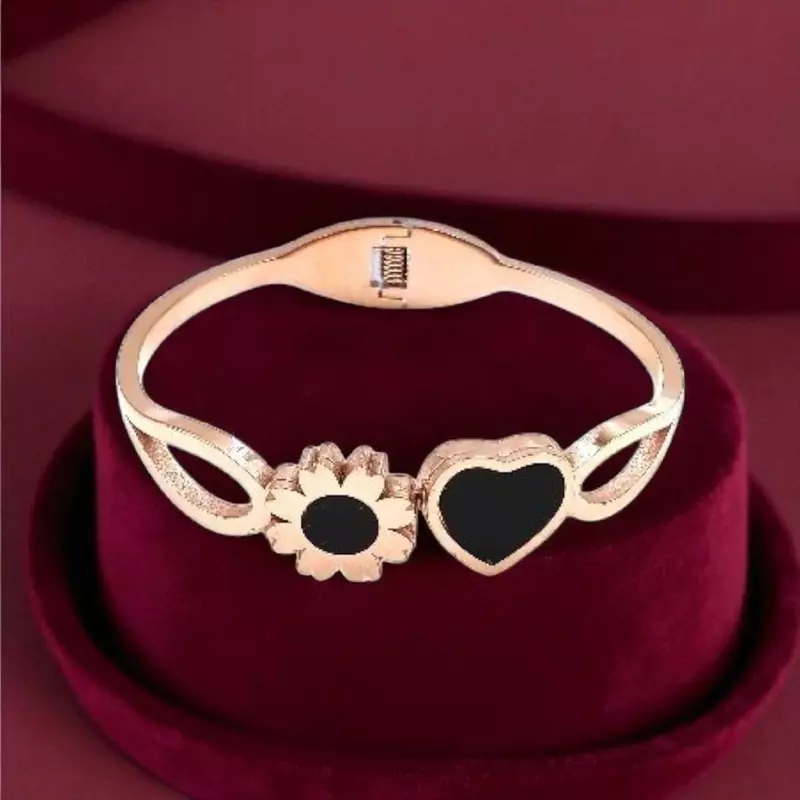 Heart and Flower Bangle Bracelet with Black Enamel
