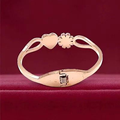 Heart and Flower Bangle Bracelet with Black Enamel