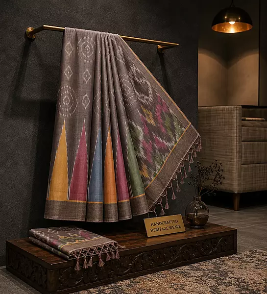 Pastel charcoal grey ikat silk saree with ikat blouse
