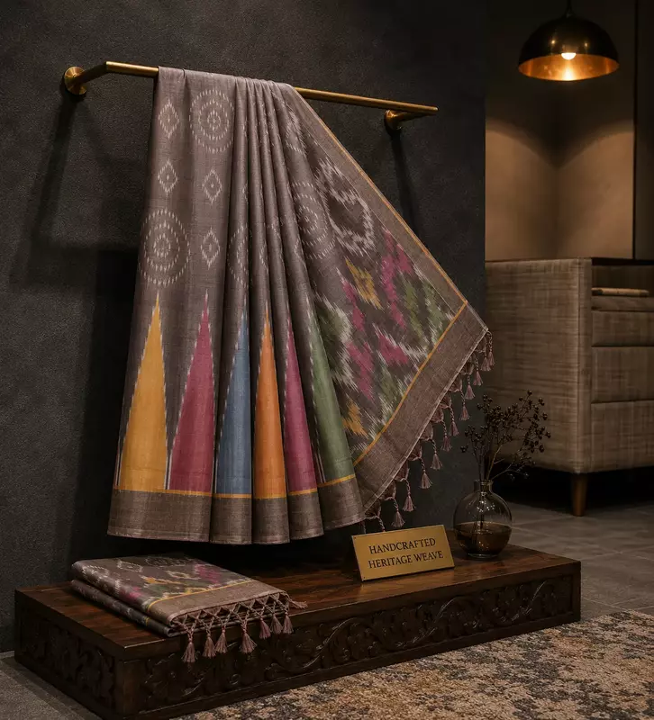 Pastel charcoal grey ikat silk saree with ikat blouse