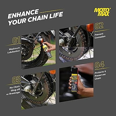 Motomax Chain Lube Aerosol Spray 200 ml |Provides Lubrication and corrosion protection of Chain & sprockets for Bikes, Motorbikes, Cars| Avoid Sling Off & Prevent Chain breakage | Extended Chain Life