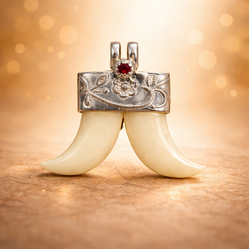 Sterling Silver Faux Ivory Tiger Tooth Pendant | Artificial Ivory Double Tooth Design with Red Stone