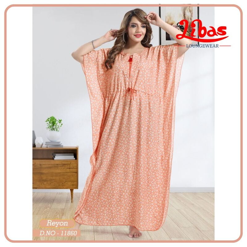 Set orange Premium Rayon Kaftan Nighty With Tiny Floral Print All Over From Libas Loungewear - KF363 Set orange Premium Rayon Kaftan Nighty With Tiny Floral Print All Over From Libas Loungewear - KF363
