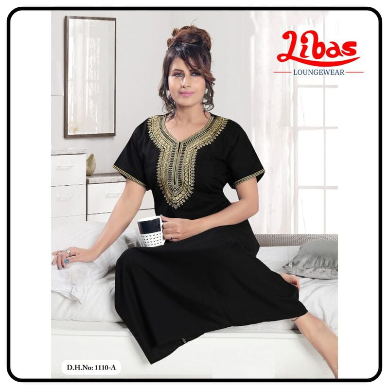 Blackcurrant Bizi Lizi Plain Embroidery Nighty From Libas Loungewear - EN152 Blackcurrant Bizi Lizi Plain Embroidery Nighty From Libas Loungewear - EN152