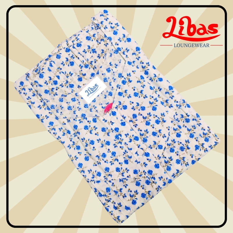 Whitish And Blue Soft Cotton Nighty With Floral Design All Over From Libas Loungewear - PS513
