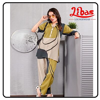 Almond Beige Geometric Top & Bottom Hosiery Cotton Women Night Suit From Libas Loungewear- FPS154