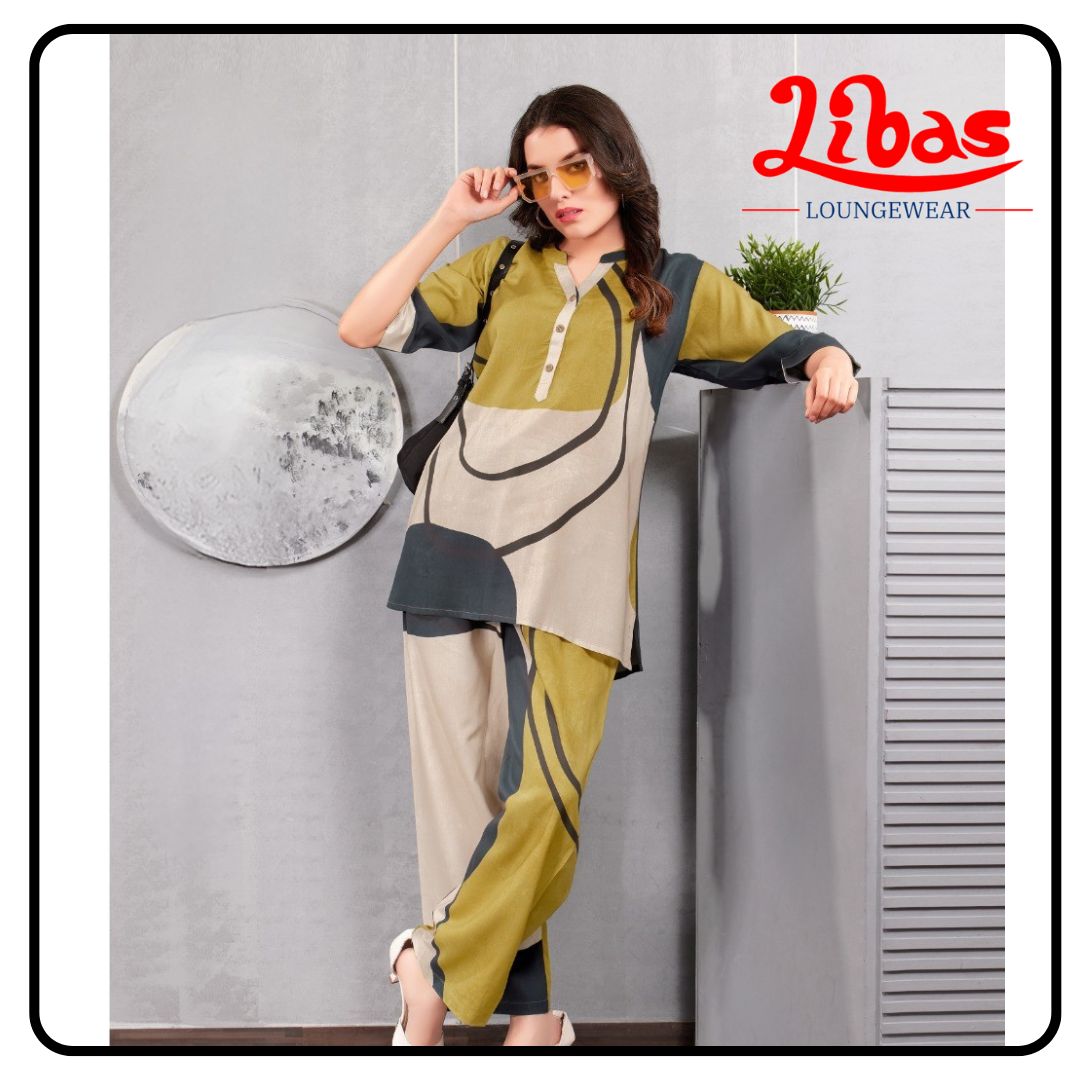 Almond Beige Geometric Top & Bottom Hosiery Cotton Women Night Suit From Libas Loungewear- FPS154