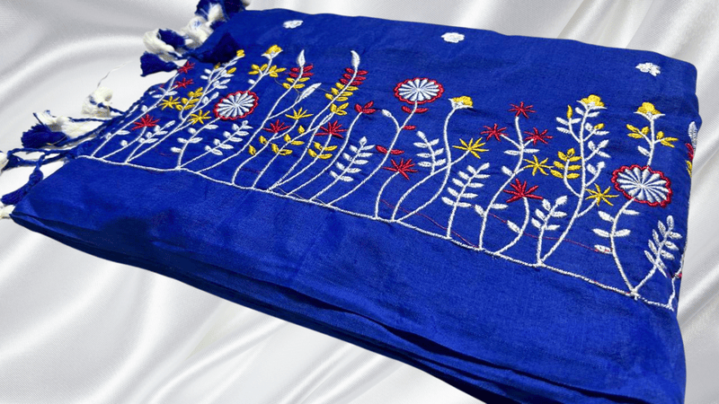 Khadi Cotton Floral Embroidery Saree - Ink Blue