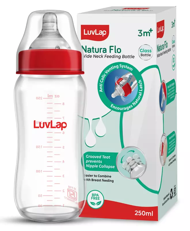 LuvLap N Flo W Neck F Bottle, Glass - 250ml
