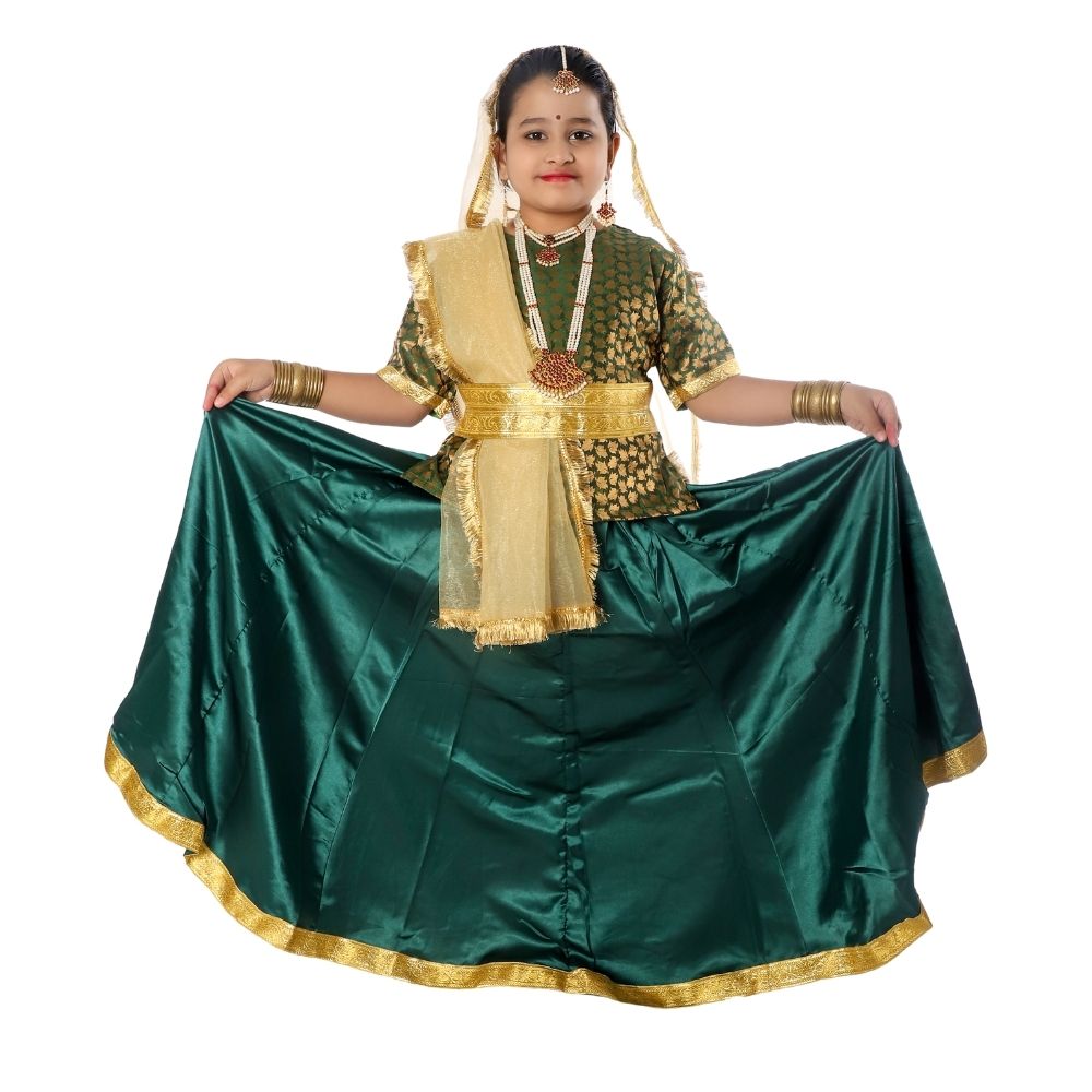 Kathak Dance Dress Costume Bottle Green & Golden Kathak Dance Dress Costume Bottle Green & Golden