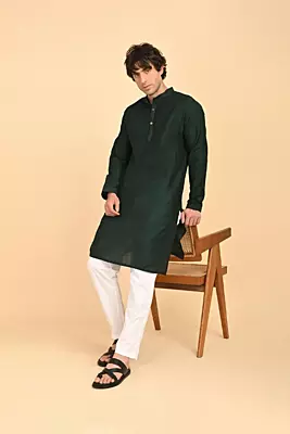 Men Ethnic Embroidered Long Kurta - Green