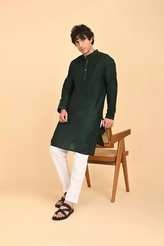 Men Ethnic Embroidered Long Kurta - Green