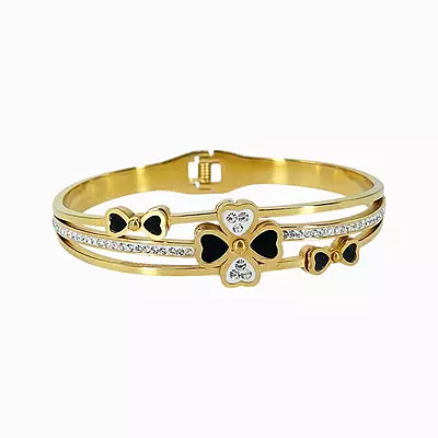 Elegant Anti-Tarnish Bangle with Clover & Heart Charms