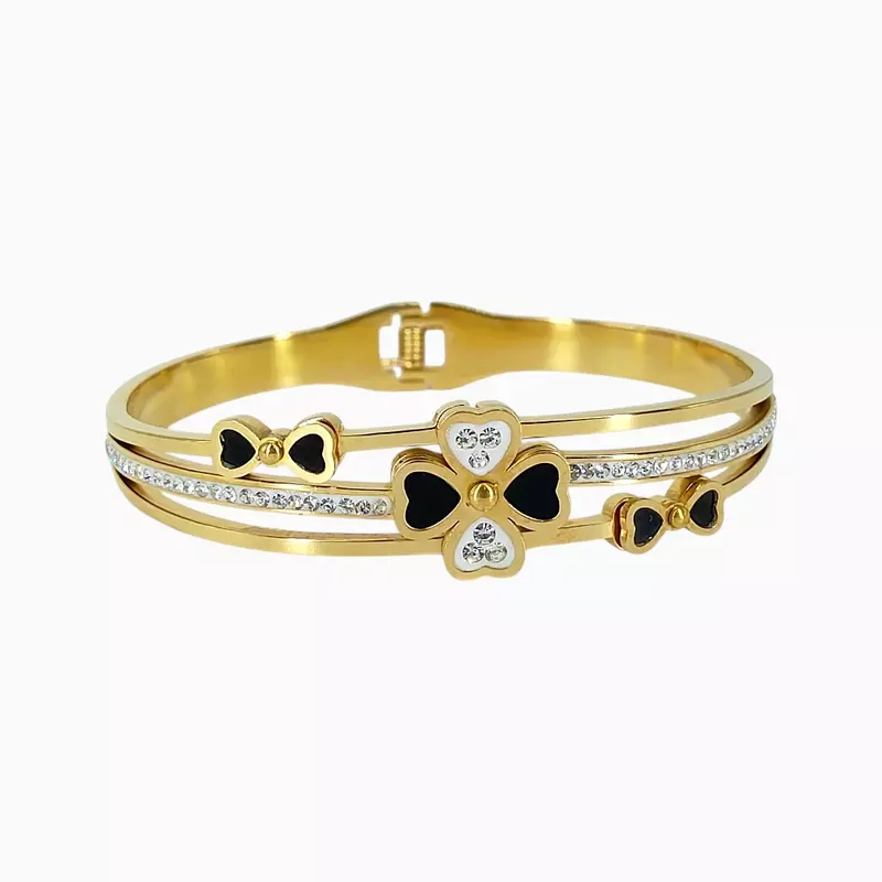 Elegant Anti-Tarnish Bangle with Clover & Heart Charms