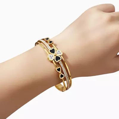 Elegant Anti-Tarnish Bangle with Clover & Heart Charms