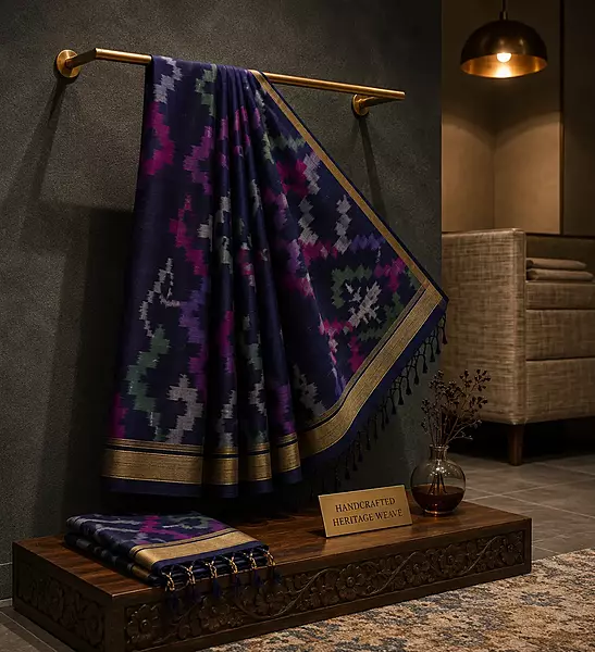 Black ikat silk saree with multicolour temple motifs, zari border and ikat blouse